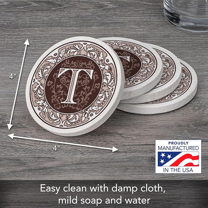 Thirstystone Monogram Letter T Natural Sandstone Coaster 4 Pack Manufactured in the USA Decorative Absorbent Easily Wipes Clean