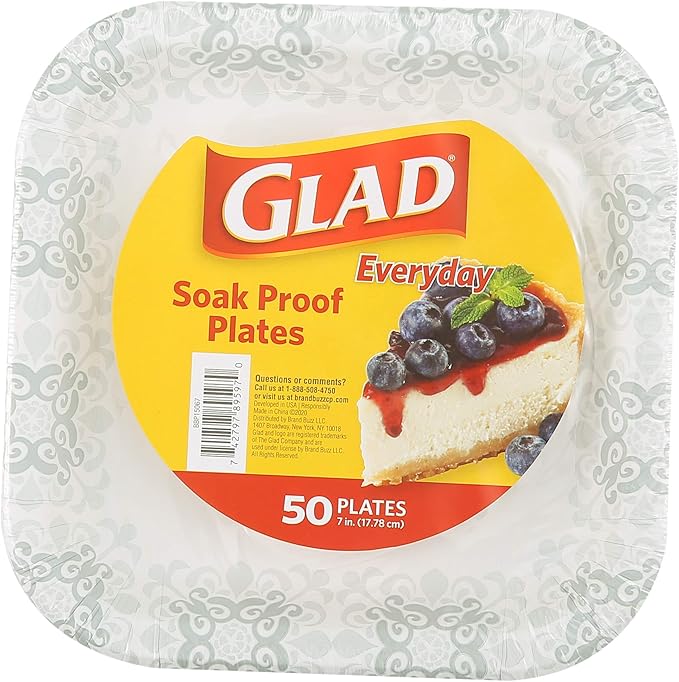 Glad Square Heavy Duty Paper Plates, Soak Proof and Cut Proof Disposable Plates for Parties and Everyday Meals, Microwaveable for Easy Serving, Grey Victorian Pattern, 7 Inch, 50 Count