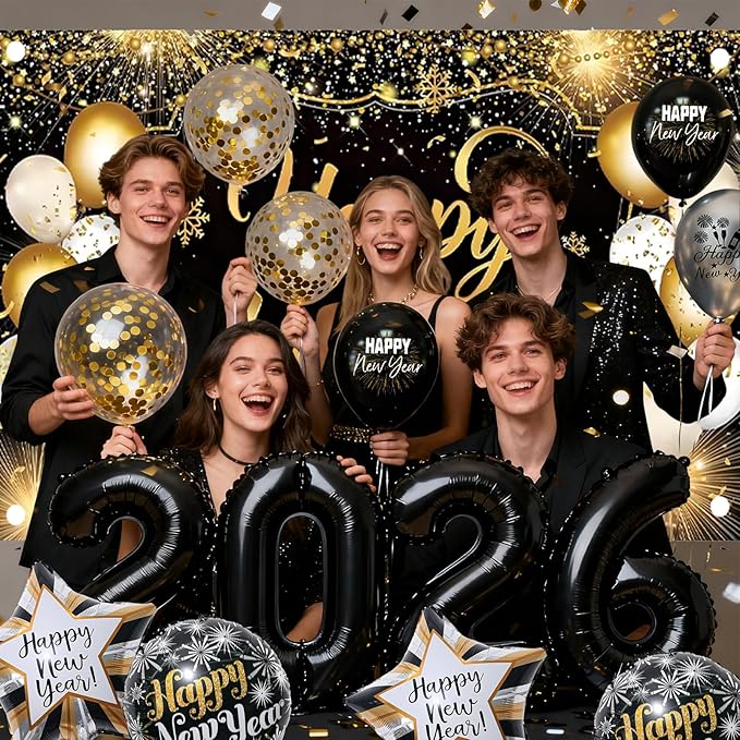 New Years Eve Party Supplies 2026 Set, Black and Gold Happy New Year Banner Decorations Backdrop 2026 Balloon Numbers New Year Foil Balloons for New Years Eve Party Supplies