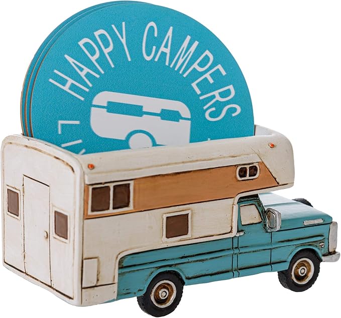 Happy Camper Car Coaster Set - Truck RV Coasters for Drinks Rustic Home Decor Living Room - Table Coasters Set Dining Room Decor and Accessories - Home Bar Camp