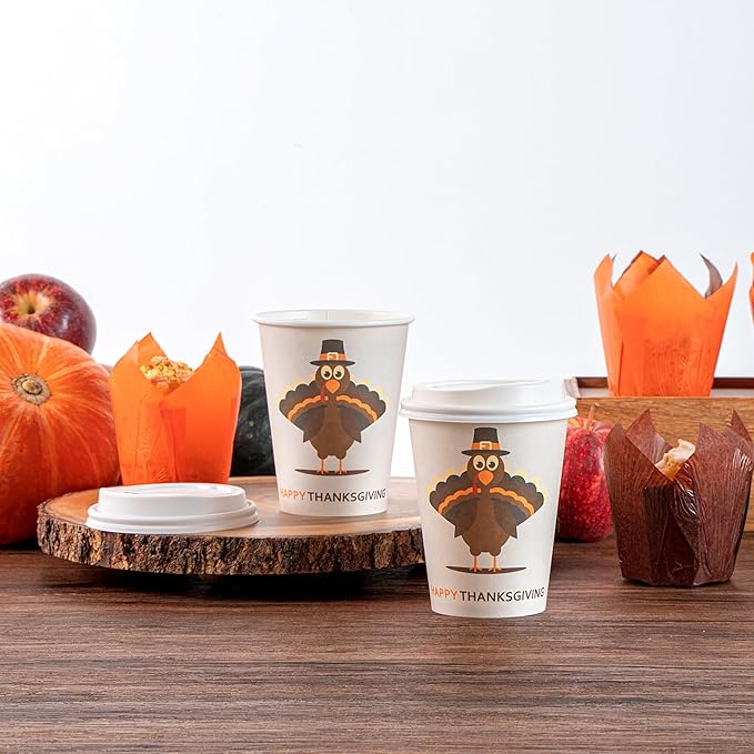 Restaurantware-Restpresso 12 Ounce Thanksgiving Party Cups, 400 Disposable Hot Cups With Plastic Lids - Turkey Design, Rolled Rim, Paper Coffee Cups, Single Wall, Serve Hot And Cold Drinks