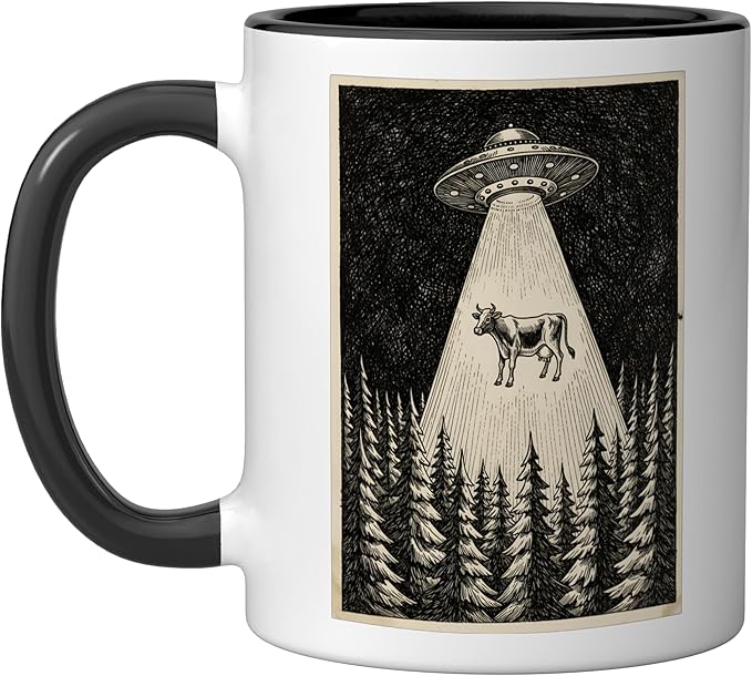 Woodcut UFO Cow Abduction Retro Sci Fi Engraving Art Ceramic Mug, Black/White