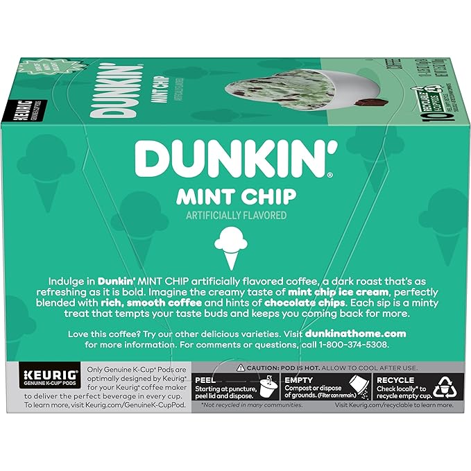 Dunkin’ Mint Chip Artificially Flavored Coffee, Keurig K-Cup Pods, 10 Count Box (Pack of 6)