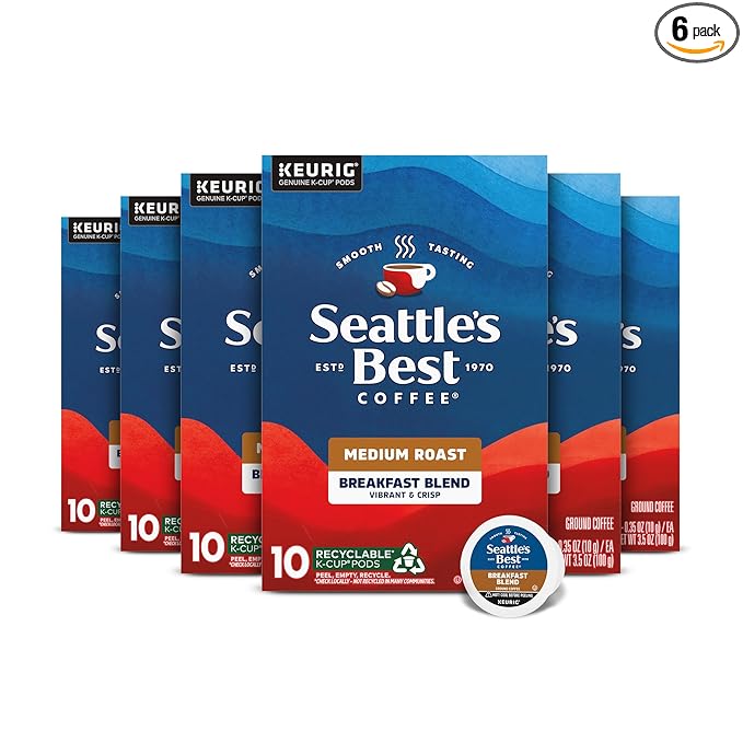 Seattle’s Best Coffee, Medium Roast K-Cup Coffee Pods, Breakfast Blend, 100% Arabica, 6 Boxes (60 Pods Total)