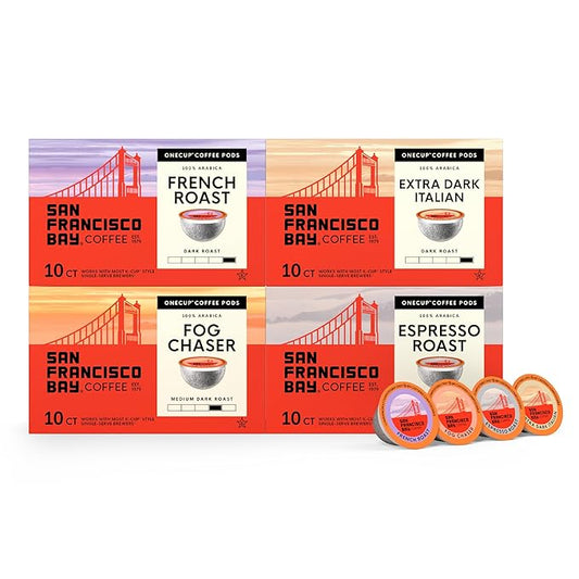 San Francisco Bay K-Cup Coffee Pods Dark Roast Variety Pack (40 ct), Includes Fog Chaser, Espresso Roast, French Roast, & Extra Dark Italian, Commercially Compostable Single-Serve Coffee Pods