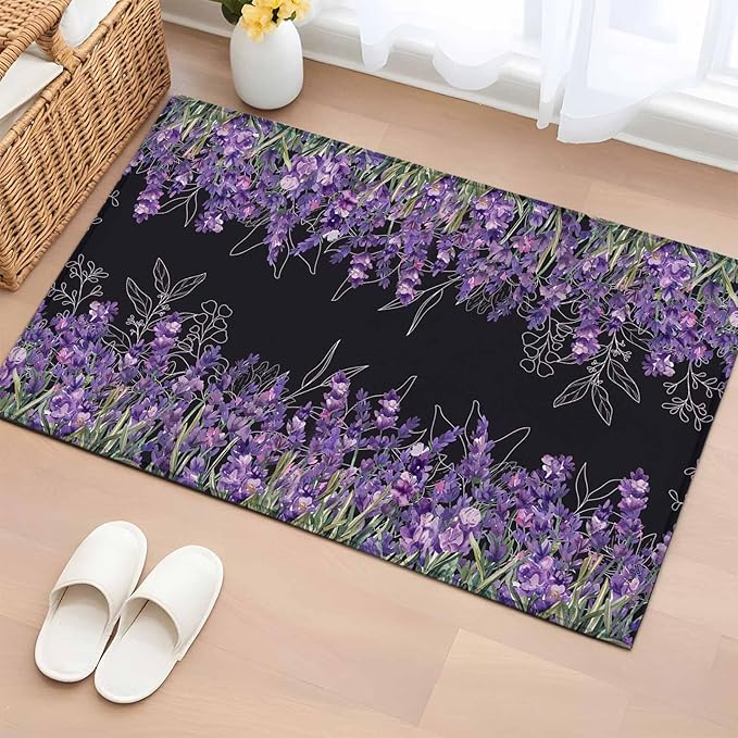 Area Rug 2x3ft, Spring Purple Lavender Flower Washable Rugs for Living Room Bedroom, Watercolor Floral on Black Soft Non-Slip Area Rugs Rectangle Floor Carpet for Dining Room