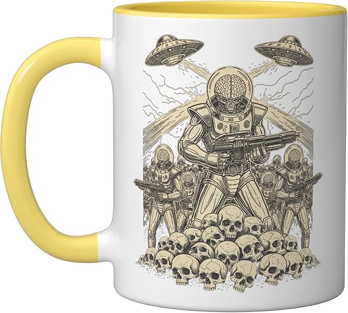 Alien Brain Soldier Retro Sci Fi Saucer Art Ceramic Mug, Yellow/White