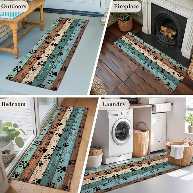 Runner Rug for Bedroom Hallway, Farm Brown Wood Board Kitchen Runner Rugs Area Rug 2x6ft, Dog Paw Print Animal Footprint Washable Soft Floor Carpet for Entryway Stair
