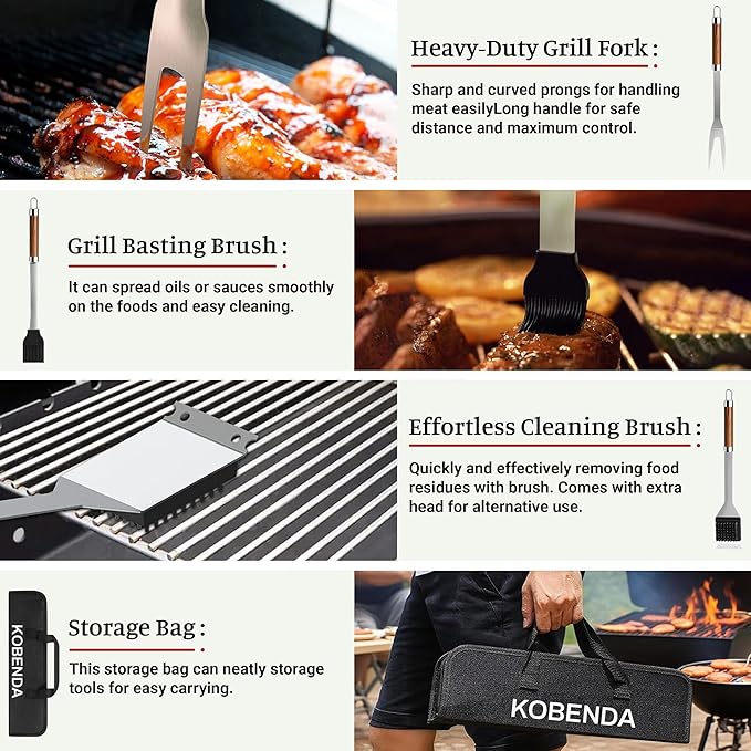 BBQ Grill Accessories, Stainless Steel Grilling Set with Storage Bag, Spatula, Fork, Cleaning Brush BBQ Accessories, Grill Tools Set for Outdoor Cooking Camping, Grilling Gifts for Men