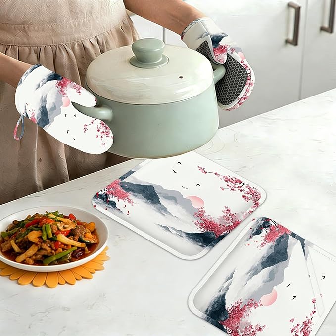 Japanese Cherry Blossom Oven Mitts and Pot Holders Sets,Silicone Fujiyama Mountain Kitchen Mitts Potholders Heat Resistant 4Pcs Oven Gloves Hot Pads for Kitchen Baking Cooking