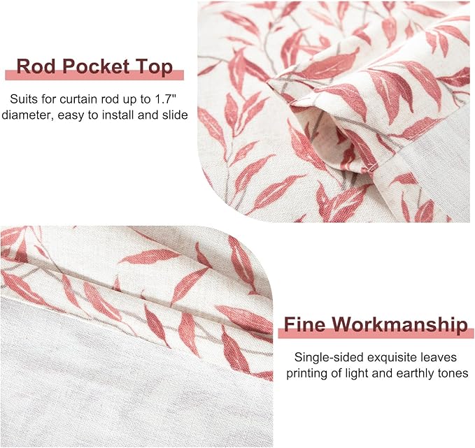 Leeva Valances for Kitchen Windows - Farmhouse Leaves Print Rod Pocket Window Treatment for Door Head & Living Room, 52 x 12, Red, One Panel