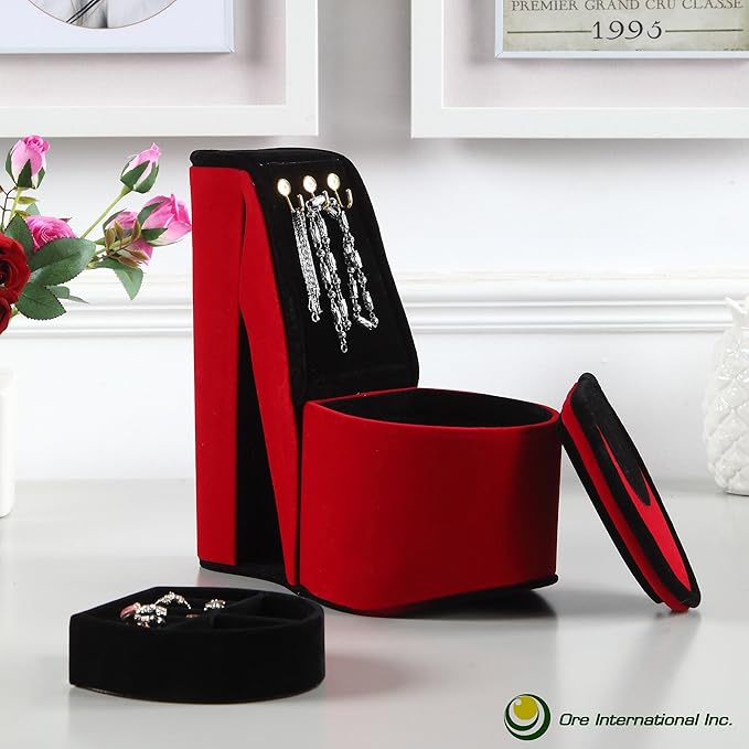 Ore International HBB1821 High Heel Shoe Display with Hooks Jewelry Box, Red Velvet, 9"