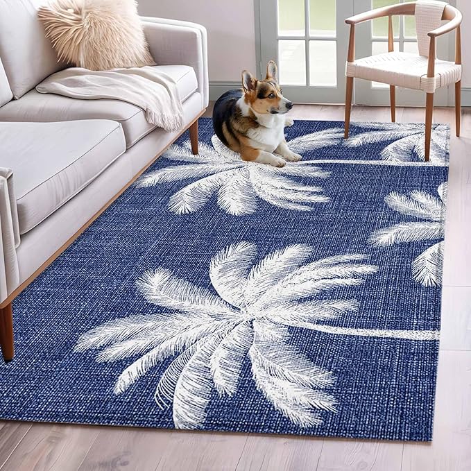 Area Rug 4x6ft, Coastal Palm Trees on Blue Washable Rugs for Living Room Bedroom, Minimalist Tropical Leaves Soft Non-Slip Area Rugs Rectangle Floor Carpet for Dining Room