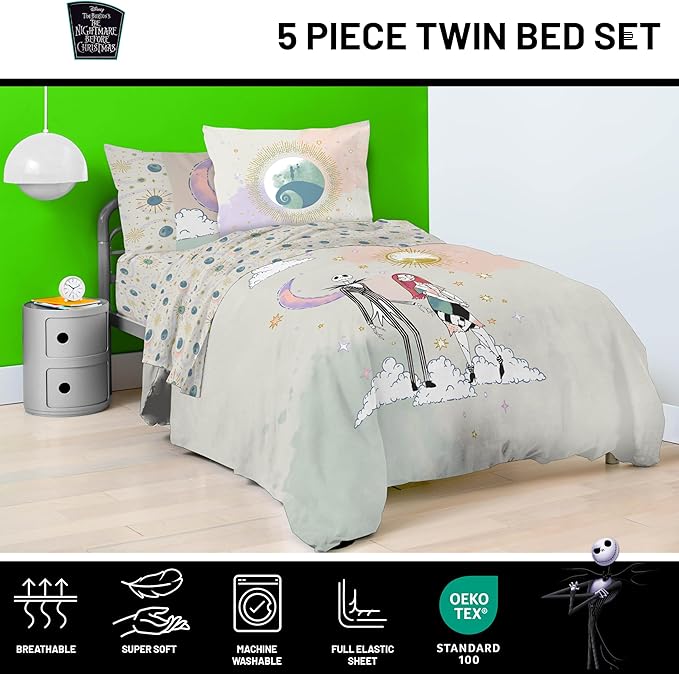 Disney Nightmare Before Christmas Twin Size Comforter Set - 5 Piece Jack and Sally Bedding Includes Sheet Set & Pillow Covers - Super Soft Ombre Bedding