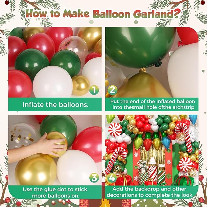 164Pcs Christmas Balloon Arch Garland Kit Xmas Red White Green Gold Latex Balloons Light Bulb Candy Cane Gift Box Foil Balloons Arch Kit for Christmas New Year Party Birthday Party Decorations