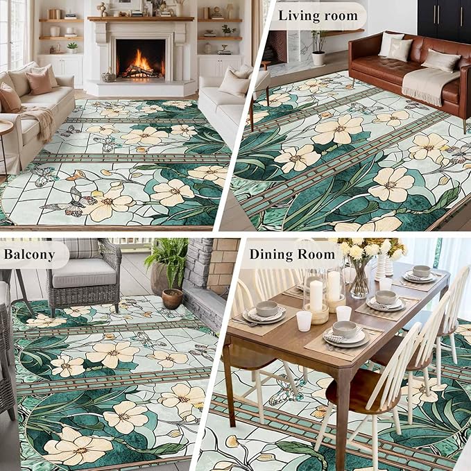 Area Rug 6x9ft, Spring Flower Colorful Butterfly Washable Rugs for Living Room Bedroom, Vintage Green Plant Soft Non-Slip Area Rugs Rectangle Floor Carpet for Dining Room