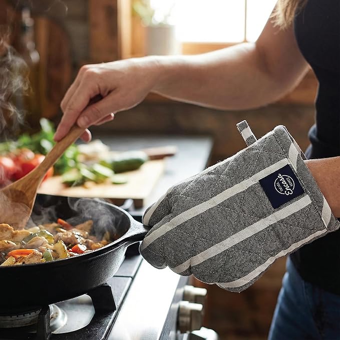 Encasa XO Heat Resistant 100% Cotton Oven Glove & Potholder Set with Loop, Kitchen Cooking Mittens, Microwave Safe Hot Pads (Roma Grey Stripes)