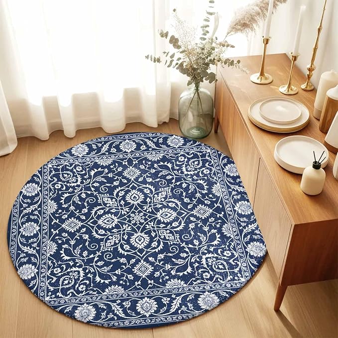 Washable Round Area Rug Navy Blue Paisley Floral Texture Circle Rugs Floor Carpet for Living Room Bedroom, Vintage Tribe Flower Soft Non Slip Round Rug 3ft