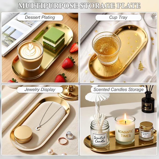 SUTOKAKA Decorative Serving Tray, Manicure Tools Storage Dish, Perfume Jewelry Dinner Placing Plate for Bedroom Kitchen Salon Supplies (Gold - 2PC, 7.09 * 3.35 * 0.39 INCH)