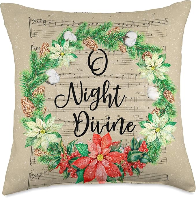 Christmas Sheet Music O Holy Night with Watercolor Wreath Throw Pillow