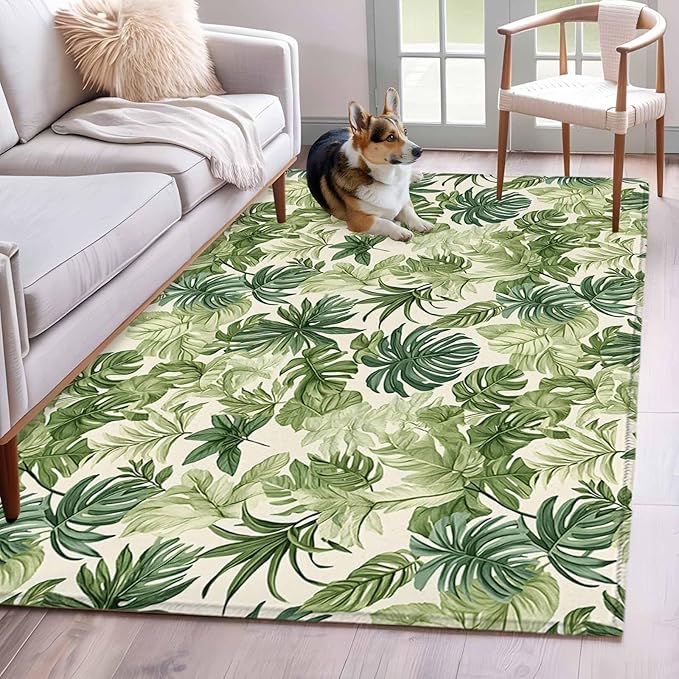 Area Rug 4x6ft, Green Palm Leaf Watercolor Washable Rugs for Living Room Bedroom, Summer Tropical Leaves Soft Non-Slip Area Rugs Rectangle Floor Carpet for Dining Room