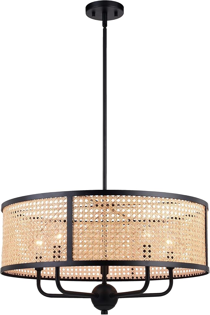VAXCEL Berens 5 Light Matte Black Modern Farmhouse Drum Pendant Fixture with Rattan Cane Shade