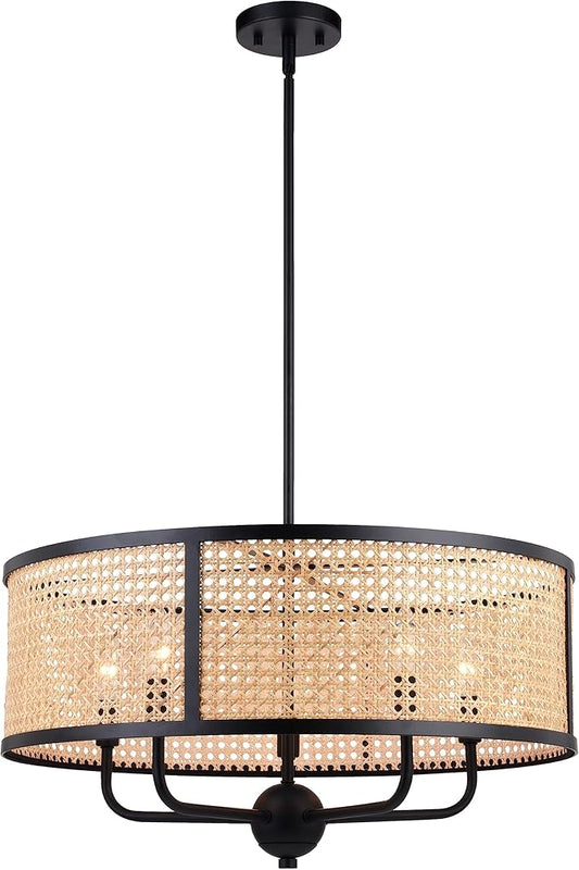 VAXCEL Berens 5 Light Matte Black Modern Farmhouse Drum Pendant Fixture with Rattan Cane Shade