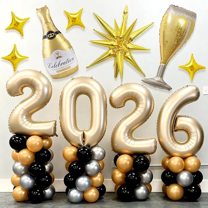 Light Gold 2026 Balloons, 40 Inch Number Champagne Gold Foil Balloons, Gold Star Balloon Champagne Bottle Glass Balloon for Happy New Years Eve Party Supplies 2026 Class of 2026 Graduation Decorations
