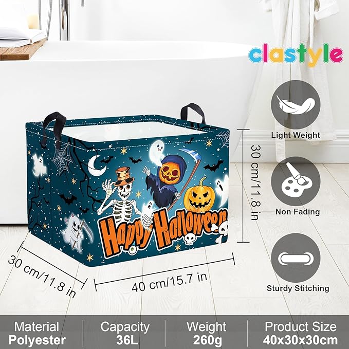 Clastyle Halloween Pumpkin Storage Basket Kid Spooky Book Gift Basket Empty Outdoor Graveyard Jack-o-lantern Boo Bin Baby Nursery Clothes Hamper Toy Box,Skeleton,40*30*30 cm