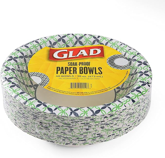 Glad Round Disposable Paper Bowls, Happy Daisies Design - Heavy Duty, Soak-Proof, Cut-Resistant, Microwavable Paper Bowls for All Foods and Daily Use, 16 oz, 40 Count