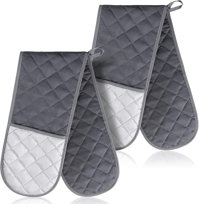 Neer 2 Pcs Double Oven Mitts Heat Resistant Kitchen Oven Gloves Non Slip Double Pot Holder Long Kitchen Mittens Cooking Gloves for Cooking Baking Collection Grilling BBQ Microwave(Grey)