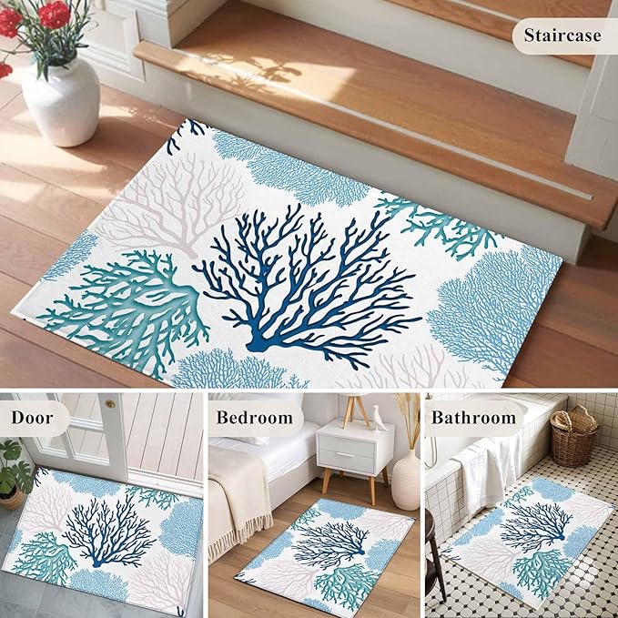 Area Rug 2x3ft, Classic Sea Blue Coral Washable Rugs for Living Room Bedroom, Abstract Marine Life Scenery Soft Non-Slip Area Rugs Rectangle Floor Carpet for Dining Room
