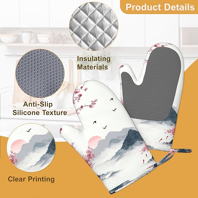 Japanese Cherry Blossom Oven Mitts and Pot Holders Sets,Silicone Fujiyama Mountain Kitchen Mitts Potholders Heat Resistant 4Pcs Oven Gloves Hot Pads for Kitchen Baking Cooking
