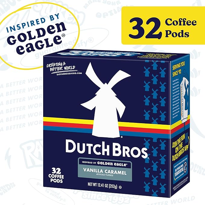 Dutch Bros Vanilla Caramel Flavored Coffee Inspired by Golden Eagle®, 32 Count, Medium Roast, Single Serve Coffee Pods for Keurig K-Cup Brewers