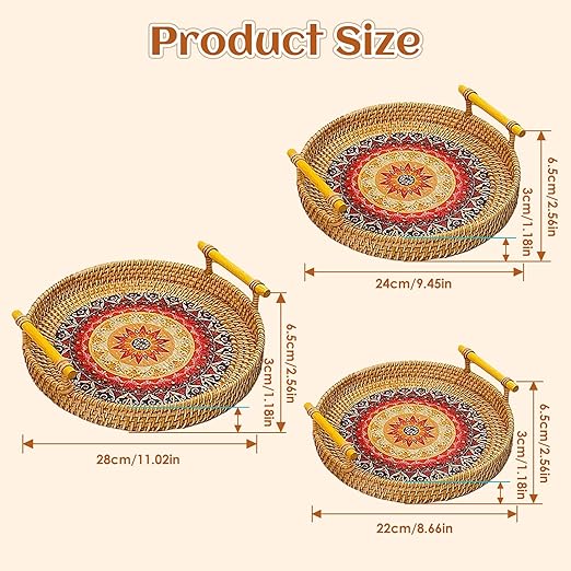 28cm/11.02in Oval Rattan Woven Tray Basket with Handles, Hand Woven Round Rattan Serving Decorative Wicker Trays for Table Decor (L)