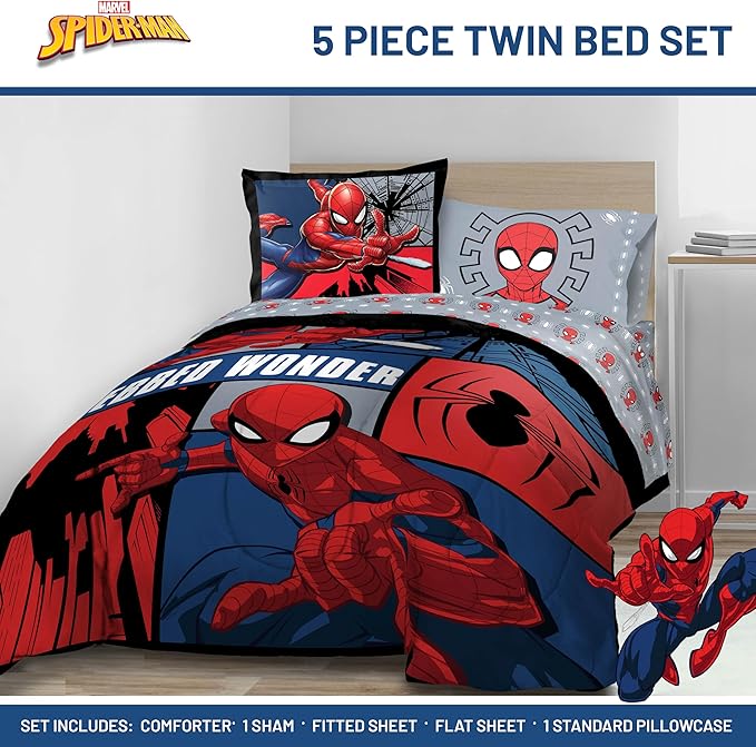 Jay Franco Marvel Spiderman Webbed Wonder 5 Piece Twin Bed Set - Includes Comforter & Sheet Set - Bedding Features Spiderman - Super Soft Fade Resistant Polyester - (Official Marvel Product)