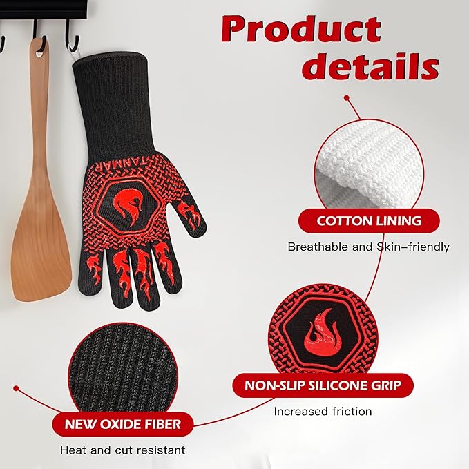 BBQ Grill Gloves, 1472°F Extreme Heat Resistant Grilling Gloves Non-Slip Oven Mitts Potholder, Perfect for Barbecue, Cooking, Baking, Fireplace, Smoker - 2 Pair (Red and Black)