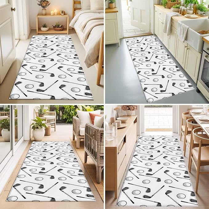 Runner Rug for Bedroom Hallway, Golf Club Ball Seamless Pattern Kitchen Runner Rugs Area Rug 2x6ft, Modern Minimalist Art Washable Soft Floor Carpet for Entryway Stair
