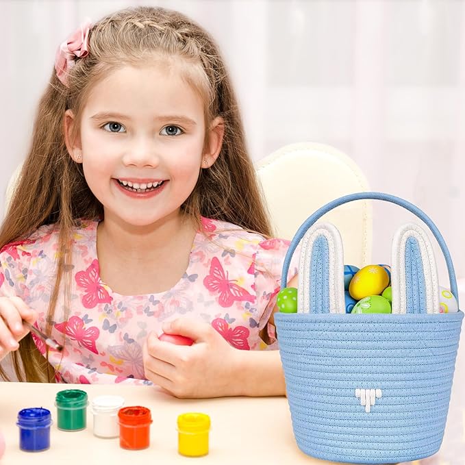 Poschnor Large Easter Basket with Gift Bags and Ribbons, Easter Bunny Basket for Kids, Woven Cotton Rope Basket for gifting, Blue