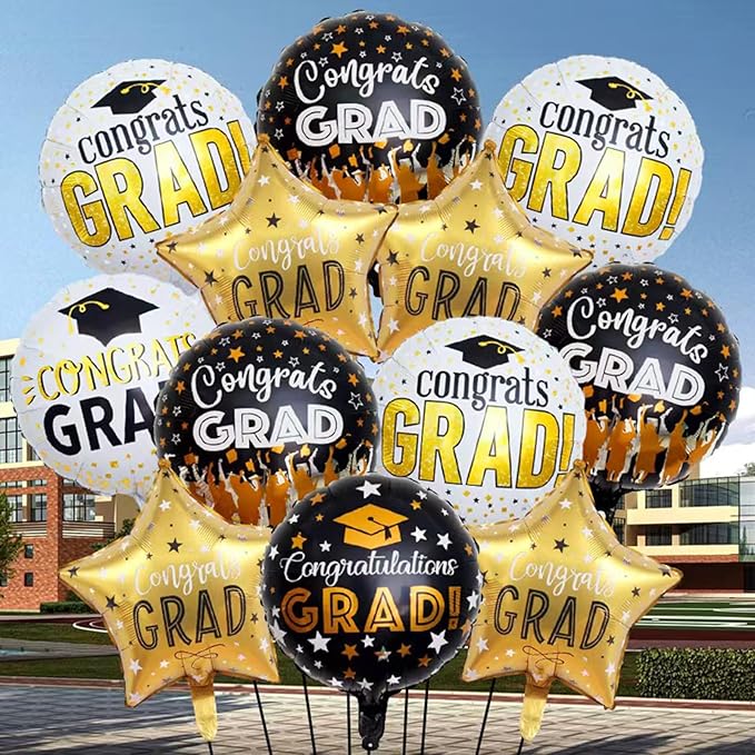 Graduation Balloons Set -12 Pcs Black Gold Congrats Grad Foil Balloons Decor,GRAD Letters Mylar Balloons Class of 2026 Congrats Grad for College High School Graduation Party Decorations Supplies