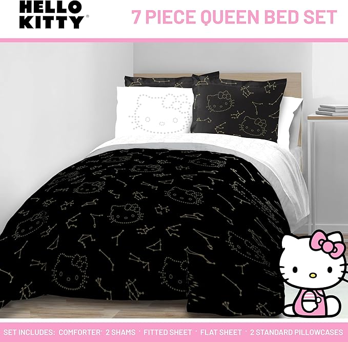 Jay Franco Hello Kitty Stars Queen Comforter Set - 7 Piece Bedding Includes Sheet Set & Pillow Covers - Super Soft Zodiac Black & Gold Bedding