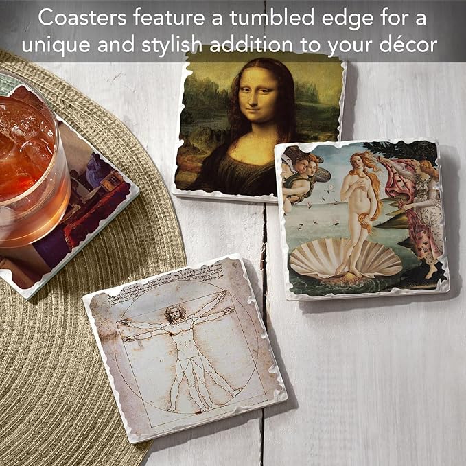 Thirstystone Renaissance Collection 4 Pack Assorted Tumbled Tile Stone Coasters with Protective Cork Backing Manufactured in The USA Absorbent Easily Wipes Clean