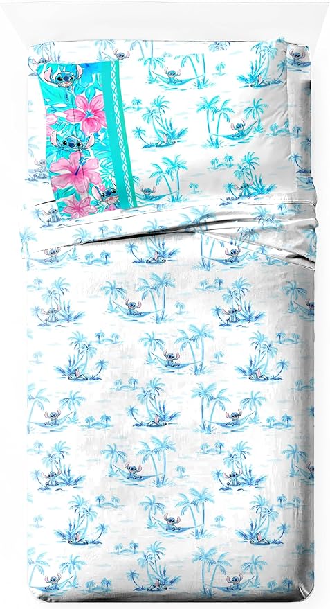 Jay Franco Sheet Set with Fitted, Flat Sheets & Pillow Cover - Ultra-Soft Bedding with Pillowcase for Room Decor, White - Stitch, 3 Piece Twin
