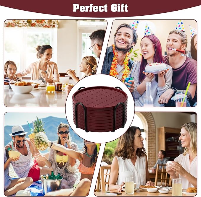 Coasters Set of 6,Hot or Cold Drink Coasters with Holder,Modern Style Coffee Table Coaster,Suitable for Kinds Cups Beer,Drink,Anti-Overflow Tabletop Protection(Wine red, 6pcs)