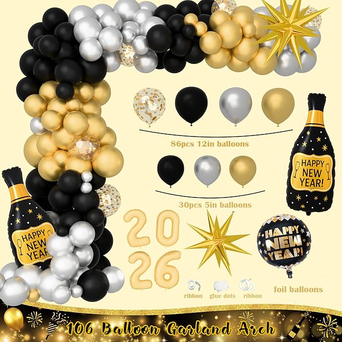 New Year 2026 Party Supplies Kit, Happy New Year's Eve Party Decorations, 2026 Year Party Decor with 2026 Gold Black Balloon Garland Foil Curtain Tablecloth with 2026 New Years Eve Party Decorations