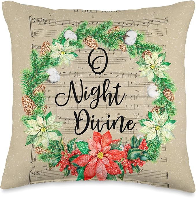 Christmas Sheet Music O Holy Night with Watercolor Wreath Throw Pillow