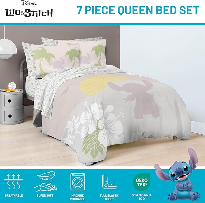 Jay Franco Disney Lilo and Stitch Queen Size Comforter Set - 7 Piece Bedding Includes Sheet Set & Pillow Covers - Super Soft Cozy Bedding