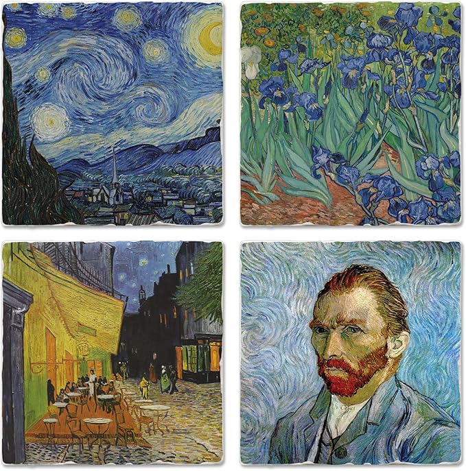 Thirstystone Van Gogh Classics 4 Pack Assorted Tumbled Tile Stone Coasters with Protective Cork Backing Manufactured in The USA Absorbent Easily Wipes Clean