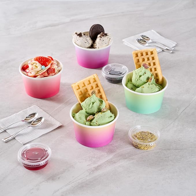 Restaurantware Paper Cups 200 Count 8 Ounce Square Disposable Ice Cream Containers, Leak-Resistant Paper Dessert To Go Cups, Hot And Cold Food, Durable Purple and Yellow Ombre Design