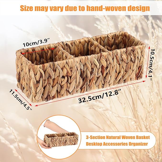 BTSKY Handwoven Remote Control Holder for Table, Natural Water Hyacinth Remote Control Caddy Small Wicker Storage Basket, 3-Compartment Office Supplies Desk Organizer Rustic Makeup Brushes Holder